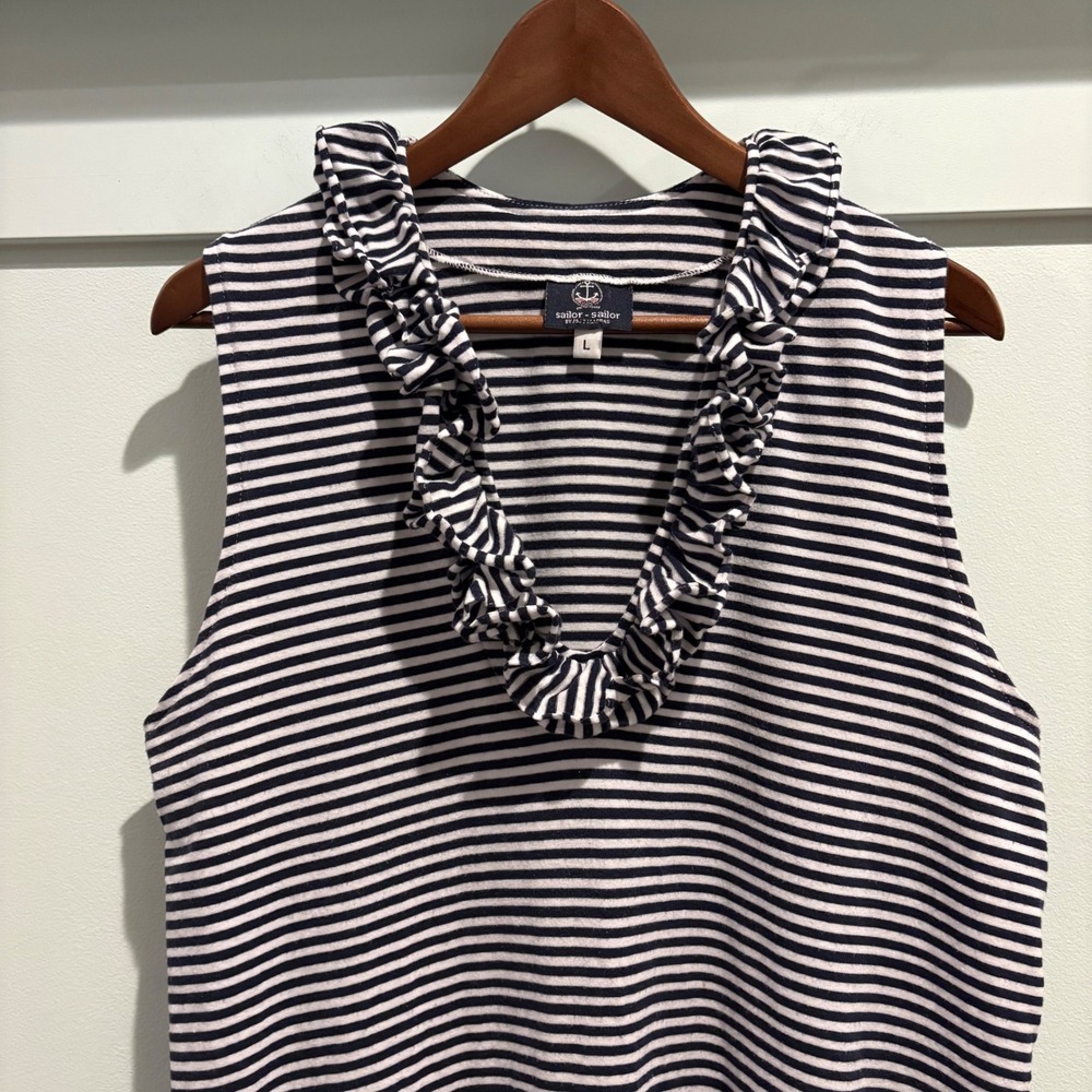 Sailor Sailor Dress By Just Madras Navy White Striped Ruffle Neck Sleeveless - Picture 3 of 11